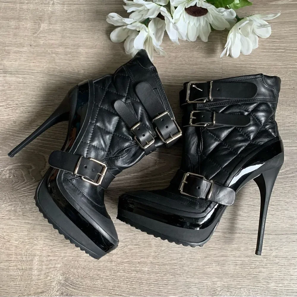 Burberry Black Quilted Patent Platform Ankle Boots with Buckles - Picture 2 of 16